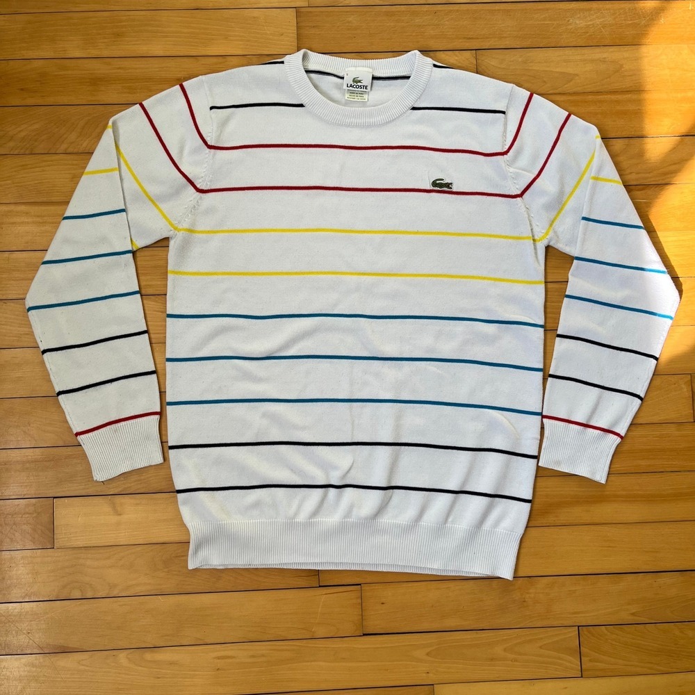 Lacoste Mens White Multi Color Striped Crewneck Sweater Size 5 Large